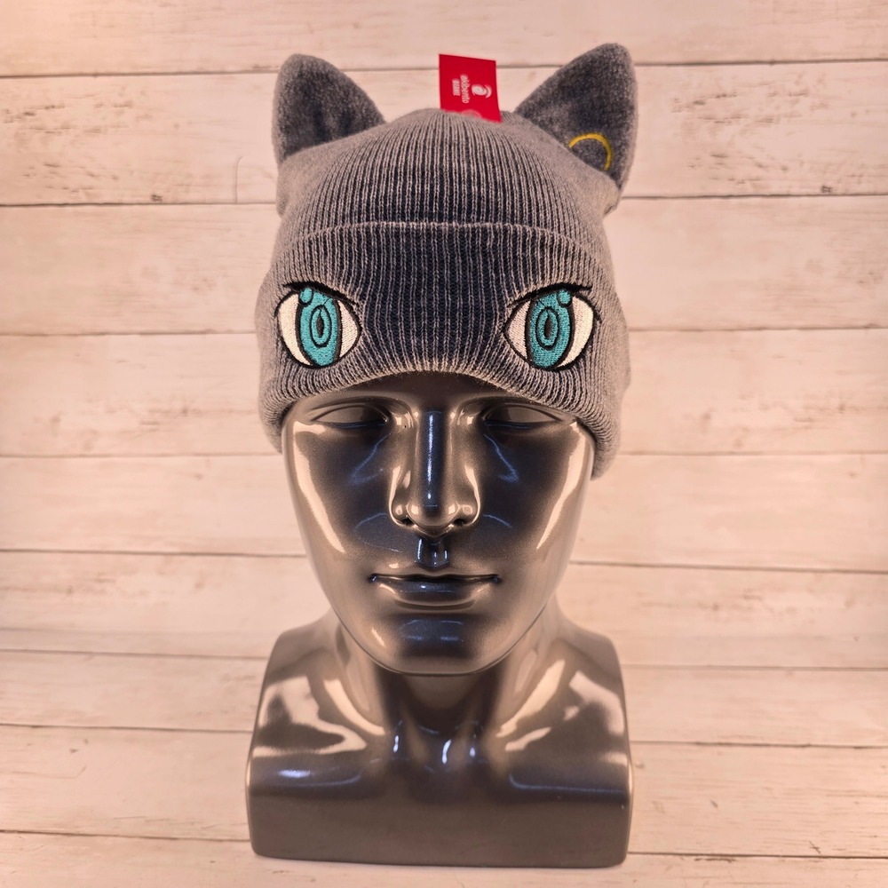 NWT Akibento Anime Cat Ear Beanie Gray Embroidered Blue Eyes Ribbed Knit Hat NWT